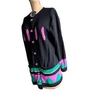 Vintage 80s Louis Feraud Abstract Pattern Black and Pink Long Cardigan size 10